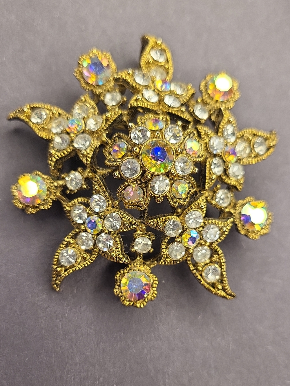 Gold-Tone Aurora Borealis Crystal Floral Brooch - Women Jewelry